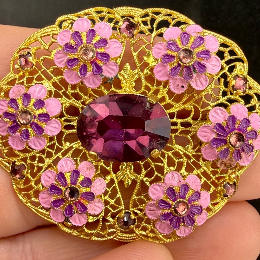 Vintage Brooch Rhinestone Gold Tone Pink Enamel Floral Filigree Women